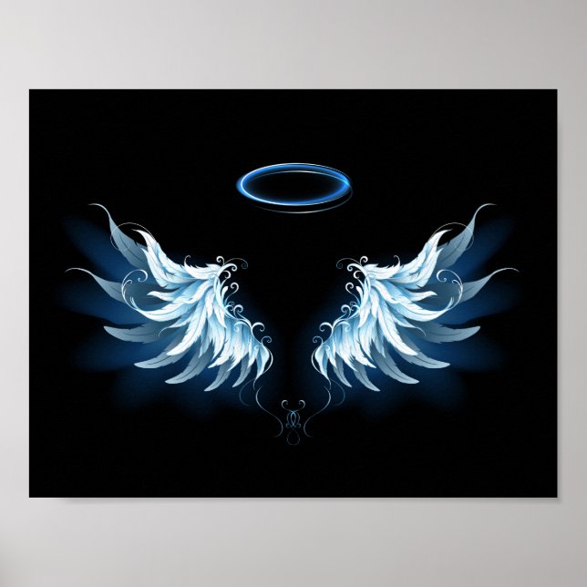 Blue Glows Angel Wings auf schwarzem Hintergrund Poster (Vorne)
