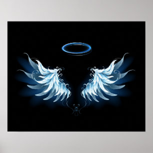 Blue Glows Angel Wings auf schwarzem Hintergrund Poster