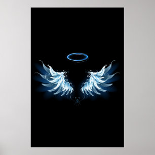 Blue Glows Angel Wings auf schwarzem Hintergrund Poster