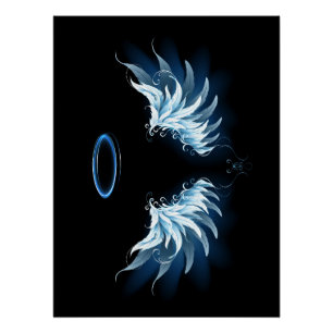 Blue Glows Angel Wings auf schwarzem Hintergrund Poster