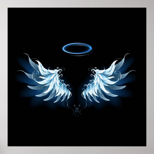Blue Glows Angel Wings auf schwarzem Hintergrund Poster (Vorne)