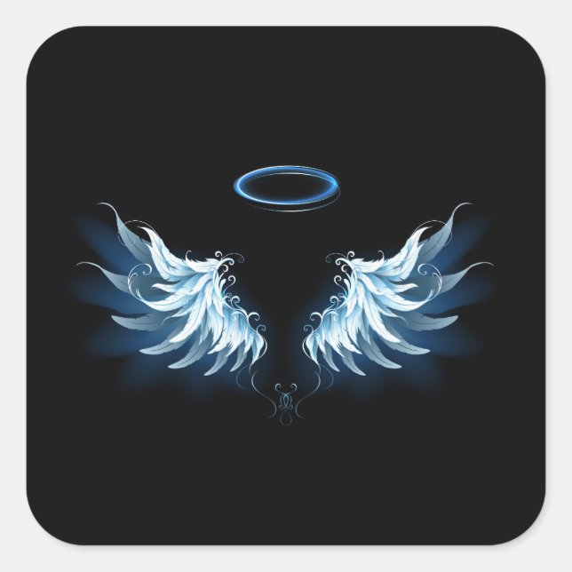 Blue Glows Angel Wings auf schwarzem Hintergrund Quadratischer Aufkleber (Vorderseite)