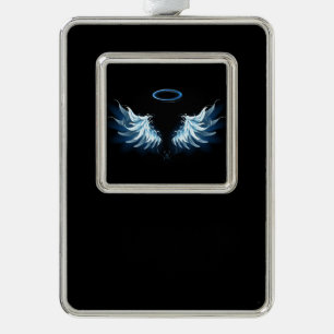 Blue Glows Angel Wings auf schwarzem Hintergrund Rahmen-Ornament Silber