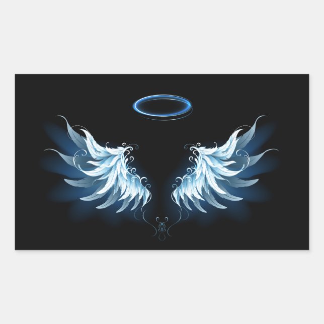 Blue Glows Angel Wings auf schwarzem Hintergrund Rechteckiger Aufkleber (Vorderseite)