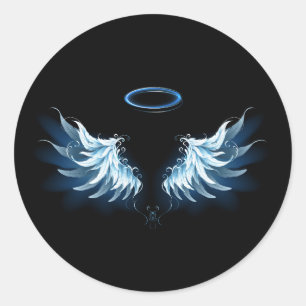 Blue Glows Angel Wings auf schwarzem Hintergrund Runder Aufkleber