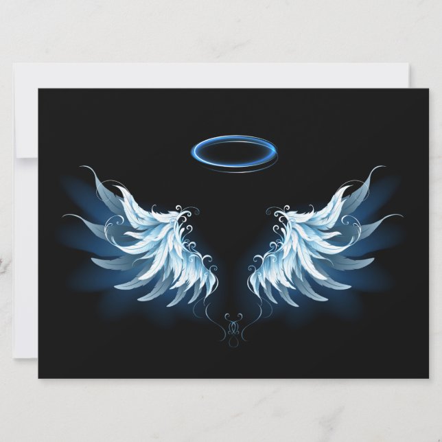 Blue Glows Angel Wings auf schwarzem Hintergrund Save The Date (Vorderseite)