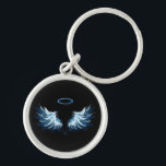 Blue Glows Angel Wings auf schwarzem Hintergrund Schlüsselanhänger<br><div class="desc">Helle,  künstlerische,  blaue Engelsflügel auf schwarzem Hintergrund. Engel Flügel.</div>