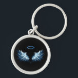 Blue Glows Angel Wings auf schwarzem Hintergrund Schlüsselanhänger<br><div class="desc">Helle,  künstlerische,  blaue Engelsflügel auf schwarzem Hintergrund. Engel Flügel.</div>
