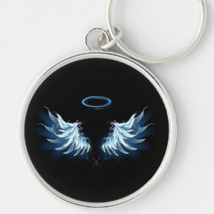 Blue Glows Angel Wings auf schwarzem Hintergrund Schlüsselanhänger