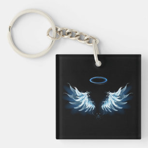 Blue Glows Angel Wings auf schwarzem Hintergrund Schlüsselanhänger