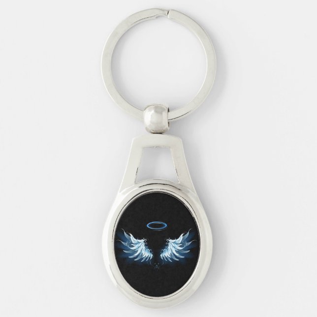 Blue Glows Angel Wings auf schwarzem Hintergrund Schlüsselanhänger (Vorderseite)