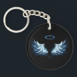 Blue Glows Angel Wings auf schwarzem Hintergrund Schlüsselanhänger<br><div class="desc">Helle,  künstlerische,  blaue Engelsflügel auf schwarzem Hintergrund. Engel Flügel.</div>