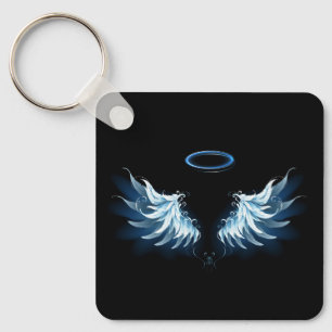 Blue Glows Angel Wings auf schwarzem Hintergrund Schlüsselanhänger