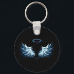 Blue Glows Angel Wings auf schwarzem Hintergrund Schlüsselanhänger<br><div class="desc">Helle,  künstlerische,  blaue Engelsflügel auf schwarzem Hintergrund. Engel Flügel.</div>