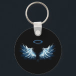 Blue Glows Angel Wings auf schwarzem Hintergrund Schlüsselanhänger<br><div class="desc">Helle,  künstlerische,  blaue Engelsflügel auf schwarzem Hintergrund. Engel Flügel.</div>