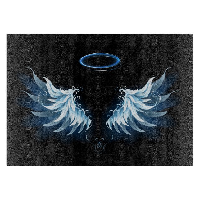 Blue Glows Angel Wings auf schwarzem Hintergrund Schneidebrett (Vorderseite)