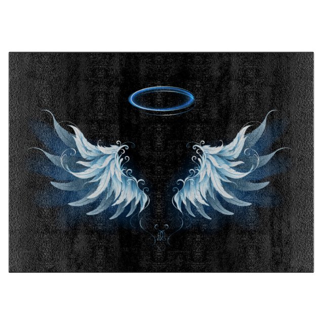 Blue Glows Angel Wings auf schwarzem Hintergrund Schneidebrett (Vorderseite)