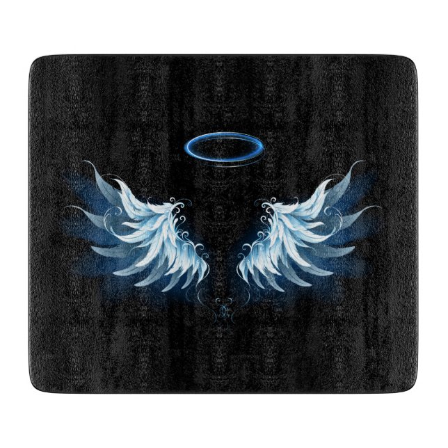 Blue Glows Angel Wings auf schwarzem Hintergrund Schneidebrett (Vorderseite)