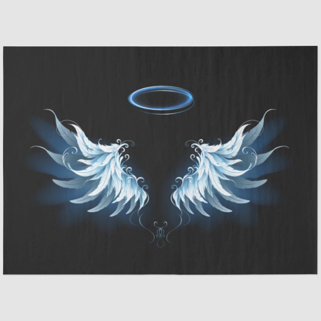 Blue Glows Angel Wings auf schwarzem Hintergrund Seidenpapier (Vorderseite)