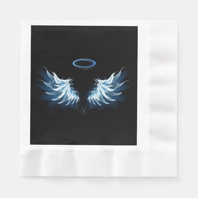 Blue Glows Angel Wings auf schwarzem Hintergrund Serviette (Vorderseite)