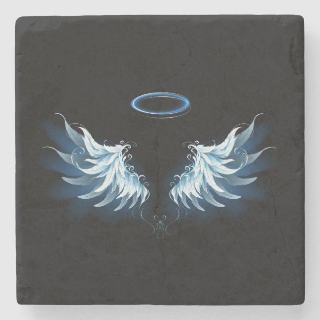 Blue Glows Angel Wings auf schwarzem Hintergrund Steinuntersetzer (Vorderseite)