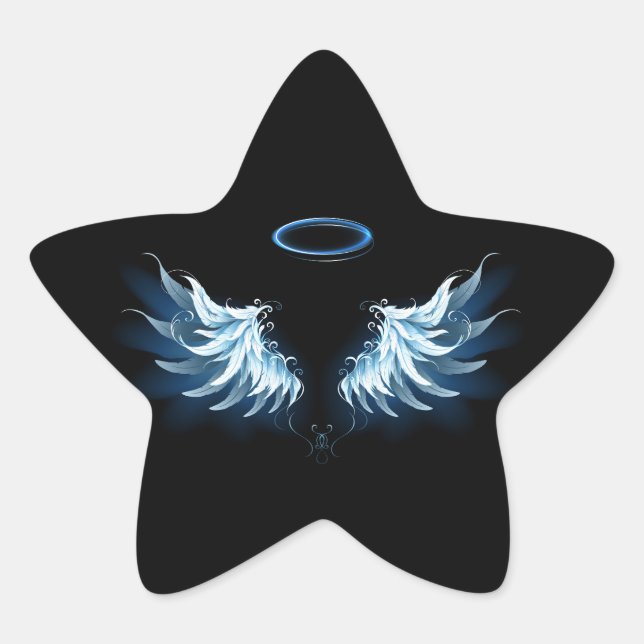 Blue Glows Angel Wings auf schwarzem Hintergrund Stern-Aufkleber (Vorderseite)