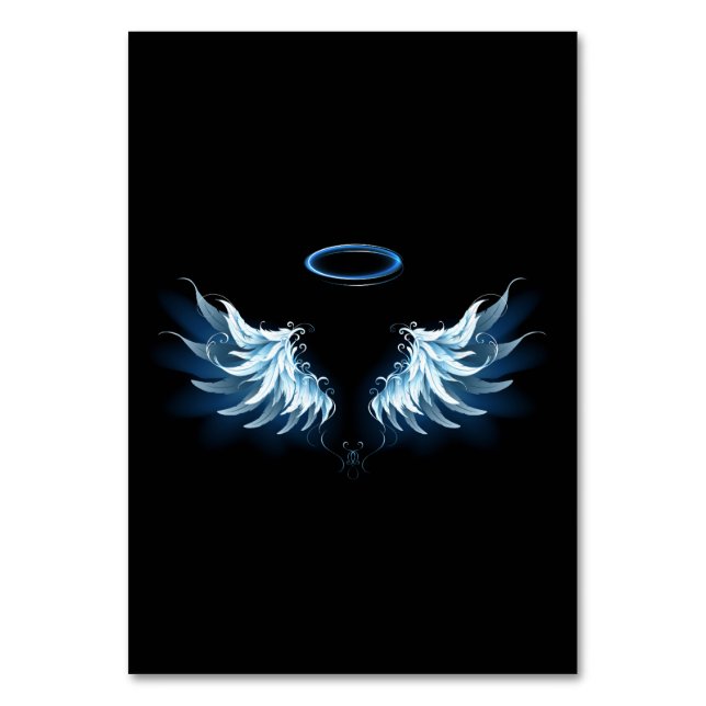 Blue Glows Angel Wings auf schwarzem Hintergrund Tischnummer (Vorderseite)