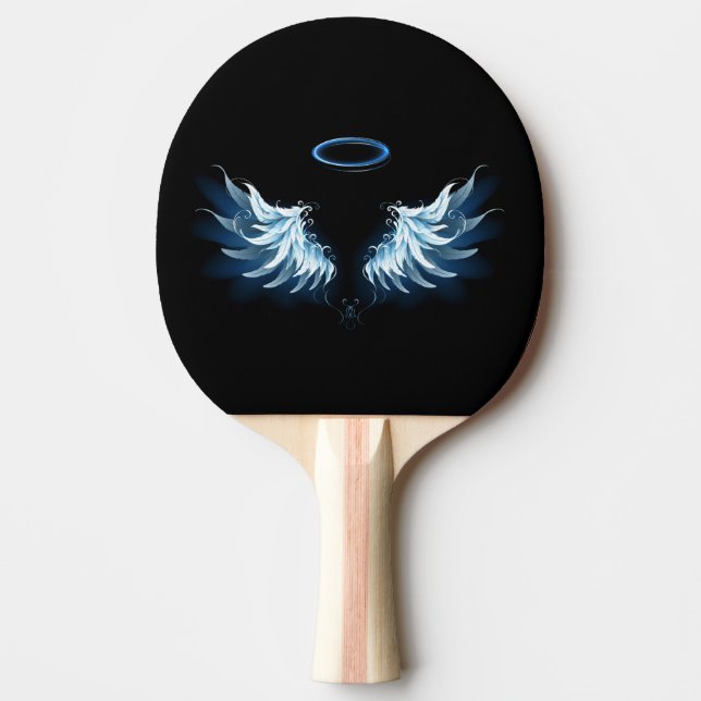 Blue Glows Angel Wings auf schwarzem Hintergrund Tischtennis Schläger (Vorderseite)