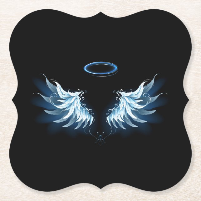 Blue Glows Angel Wings auf schwarzem Hintergrund Untersetzer (Vorderseite)