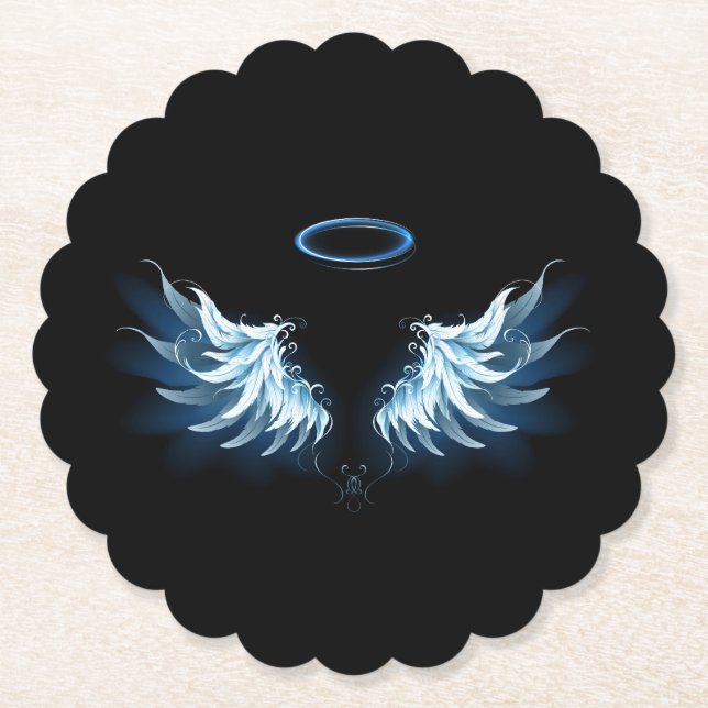 Blue Glows Angel Wings auf schwarzem Hintergrund Untersetzer (Vorderseite)