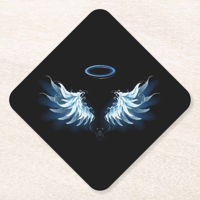 Blue Glows Angel Wings auf schwarzem Hintergrund Untersetzer (Vorderseite)