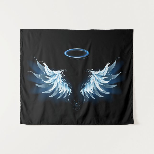Blue Glows Angel Wings auf schwarzem Hintergrund Wandteppich (Vorderseite (Horizontal))