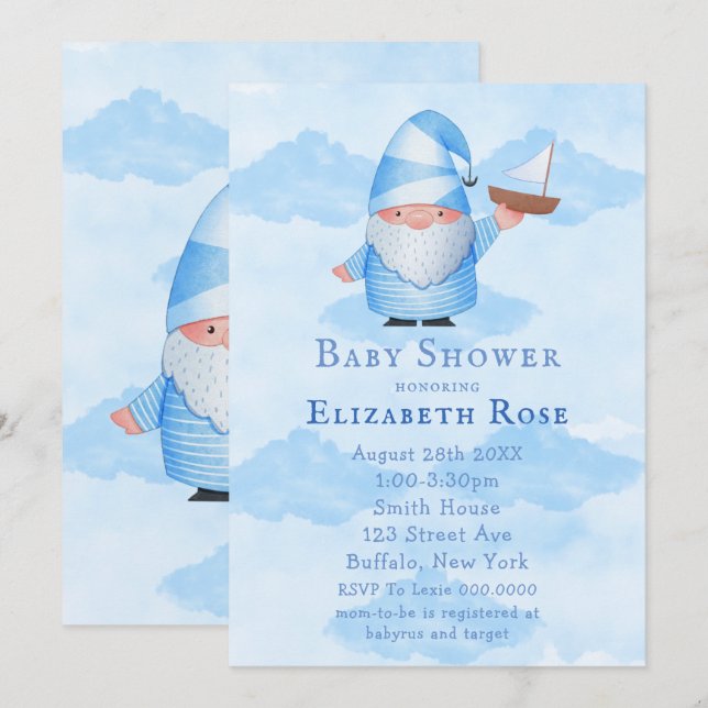 Blue Gnome Sailboat Cloud Baby Shower Einladungen (Vorne/Hinten)