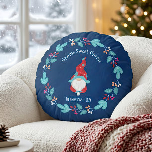Blue Gnome Sweet Gnome Modern Elf Blumenreath Rundes Kissen
