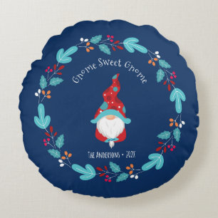 Blue Gnome Sweet Gnome Modern Elf Blumenreath Rundes Kissen