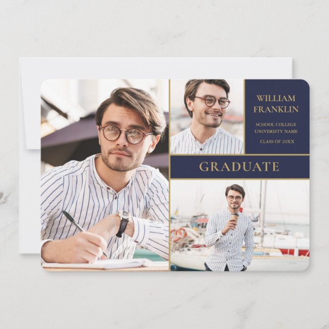 Blue Gold 3 Foto Collage Abschluss Announc Ankündigung (Vorderseite)