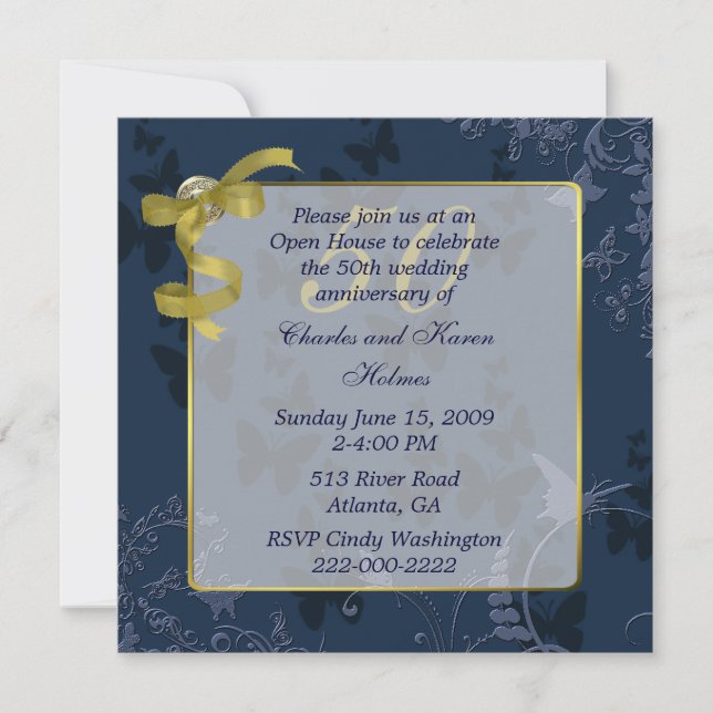 Blue & Gold 50. Hochzeitsfeier Einladung (Vorderseite)