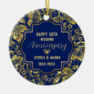Blue & Gold 50. Hochzeitstag Keramik Ornament
