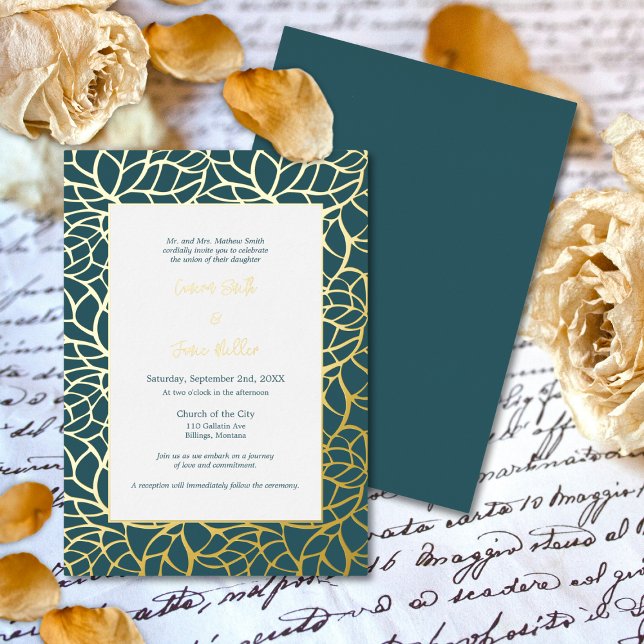 Blue & Gold Abstrakt Leaf Muster Hochzeit Folieneinladung (Blue & Gold Abstract Leaf Pattern Wedding Foil Invitation)