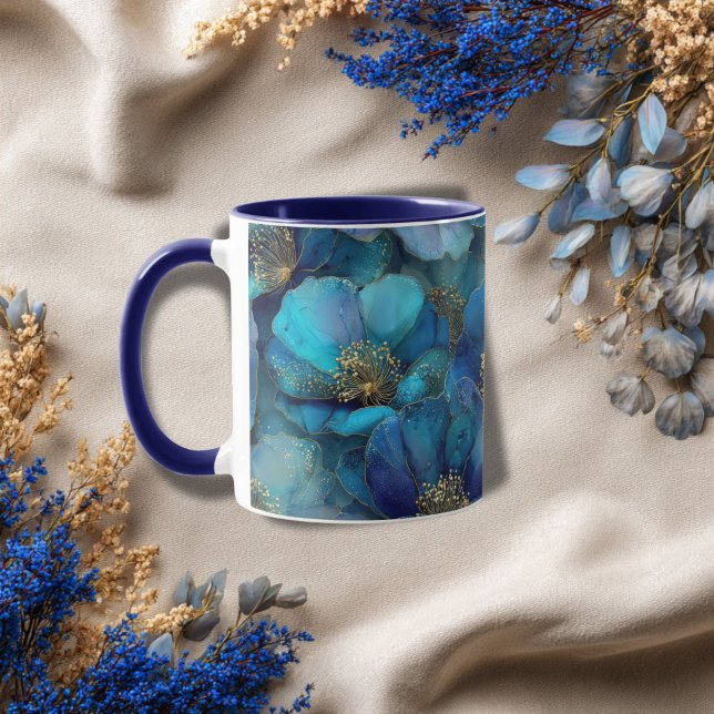 Blue Gold Abstrakt Watercolor Florals Tasse (Blue gold Abstract Floral Coffee Mug gift for her. )