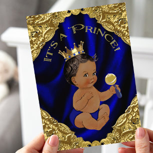 Blue Gold African American Prince Baby Dusche Einladung