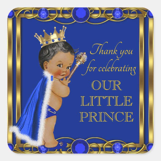 Blue Gold African American Prince Baby Dusche Quadratischer Aufkleber (Vorderseite)