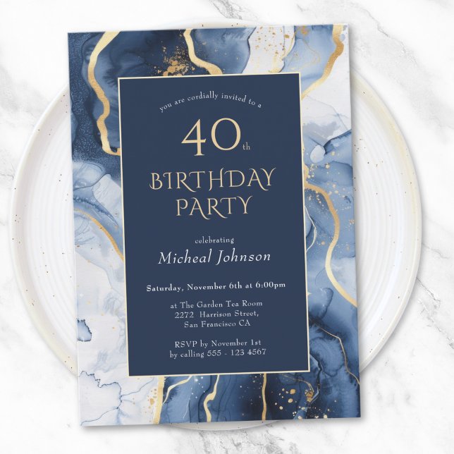 Blue Gold Agate 40e anniversaire Invitation (Blue Gold Agate 40th Birthday Invitation)