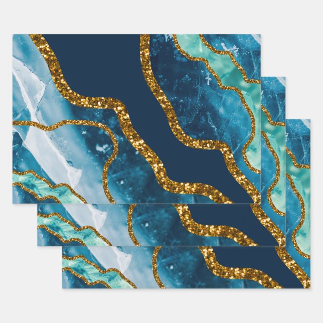 Blue & Gold Agate Geode Glitzer Geschenkpapier Set (Set)