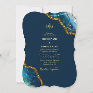 Blue & Gold Agate Geode Glitzer Wedding Einladung