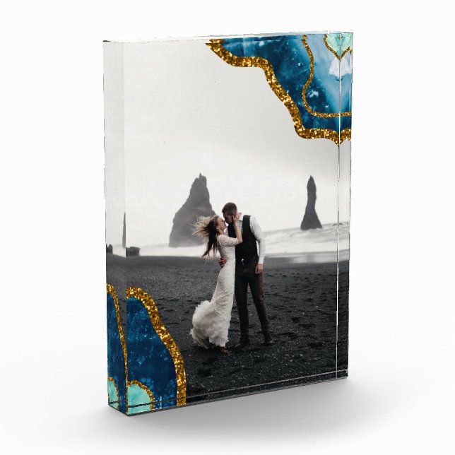 Blue & Gold Agate Geode Glitzer Wedding Foto (Links)