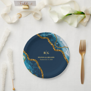 Blue & Gold Agate Geode Glitzer Wedding Pappteller