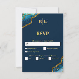 Blue & Gold Agate Geode Glitzer Wedding RSVP Karte