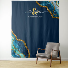 Blue Gold Agate Geode Wedding Backdrop Banner Wandteppich