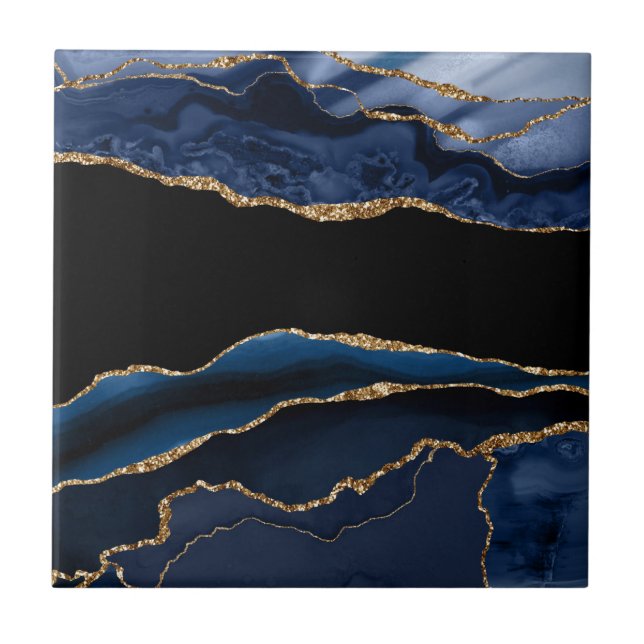Blue Gold Agate Illustration Dekorative Tile Fliese (Vorderseite)